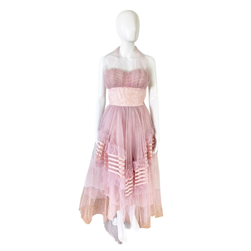 Vintage Blush Pink Tulle Fit & Flare Halter Midi Dress Extra Small XS